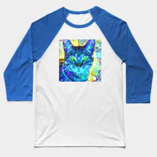 Blue Kitty Cat Batik Design Baseball T-Shirt